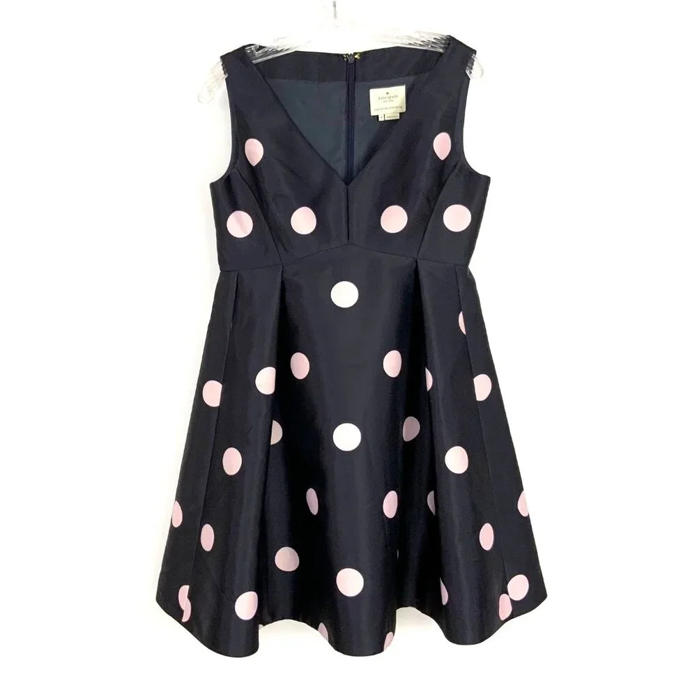 Kate Spade Steal The Spotlight Polka Dot Fit & Flare Dress Ink Navy Pink Sz 8
